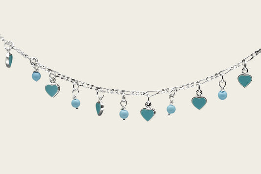 Zilveren hartjes turquoise Tiener armband - 16 cm