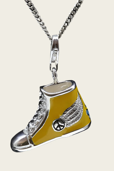 Zilveren Schoen met vredesteken geel hanger en/of bedel