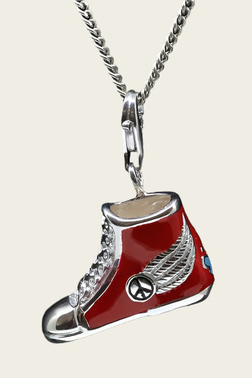 Zilveren Sneaker met vredesteken rood hanger en/of bedel