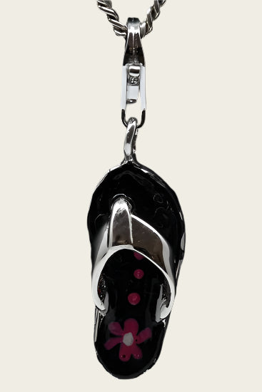Zilveren Slipper zwart rode bloem hanger en/of bedel