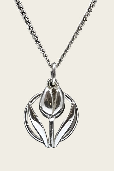 Zilveren Tulp in cirkel ketting hanger