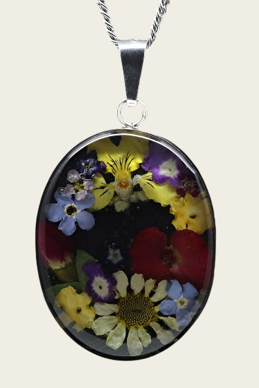 Zilveren Flowermix ovaal middel ketting hanger