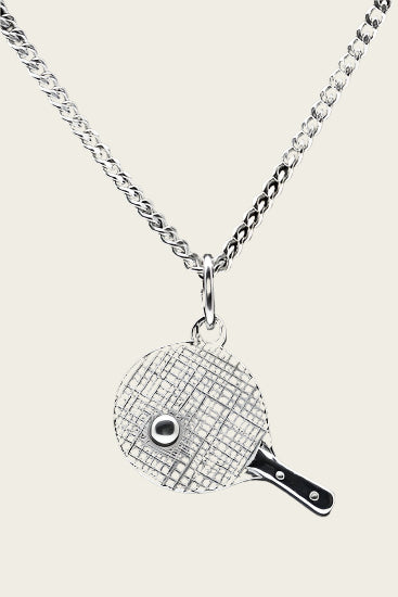 Zilveren Tafeltennis ketting hanger - bat met bal groot