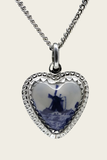 Zilveren Hart molen Delftsblauw ketting hanger - 18mm R