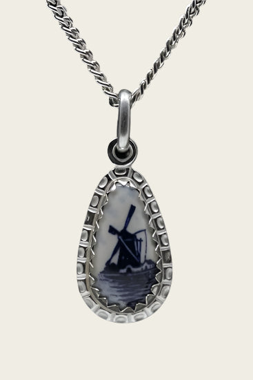 Zilveren Druppel molen Delftsblauw ketting hanger