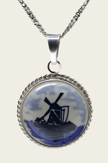 Zilveren Molen Delftsblauw rond 22mm ketting hanger