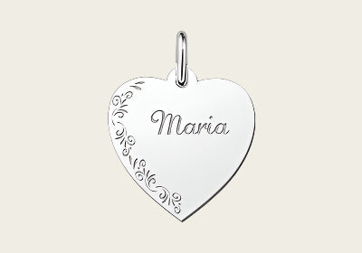 Zilveren graveerplaatje Hart met bloemrand ketting hanger