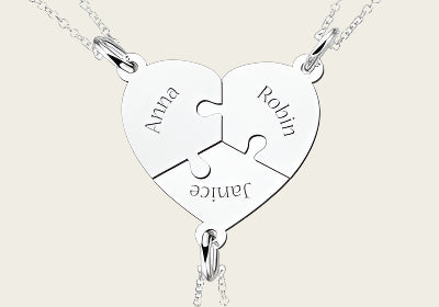 Zilveren graveerplaatje breekhanger Puzzelhart trio ketting hanger