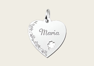 Zilveren graveerplaatje Hart met klaver 4 en bloemenrand ketting hanger