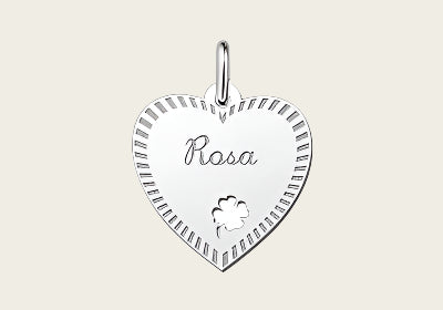 Zilveren graveerplaatje Hart met klaver 4 en rand ketting hanger