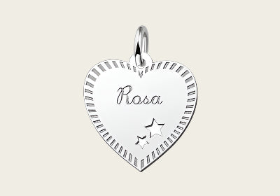 Zilveren graveerplaatje Hart met sterren en rand ketting hanger