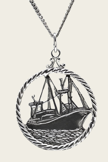 Zilveren Vissersboot - Viskotter in ring ketting hanger - groot