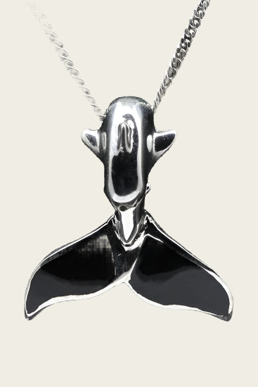 Silver Whale Tail and Dolphin with Onyx Necklace Pendant