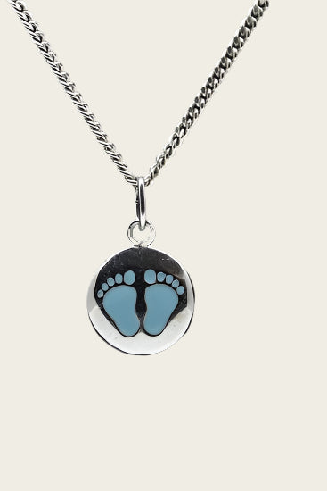 Zilveren Babyvoetjes blauw ketting hanger