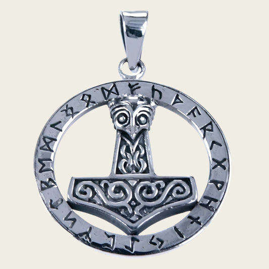 Zilveren Hamer van Thor in runen cirkel ketting hanger