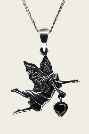 Zilveren Engel met kristal zwart hart ketting hanger