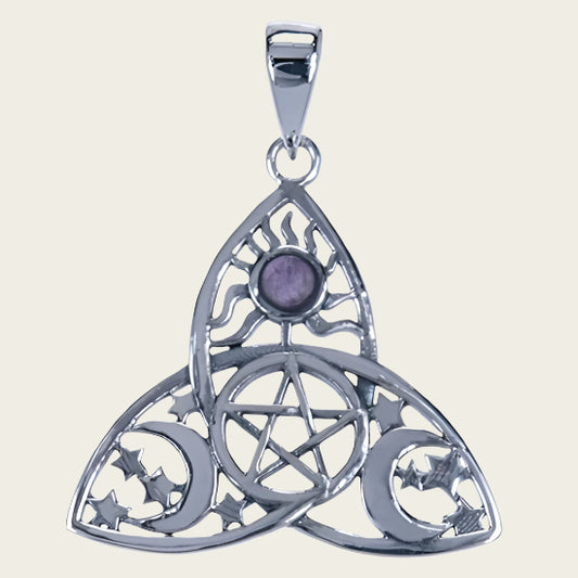Zilveren Pentagram in triquita met amethyst ketting hanger