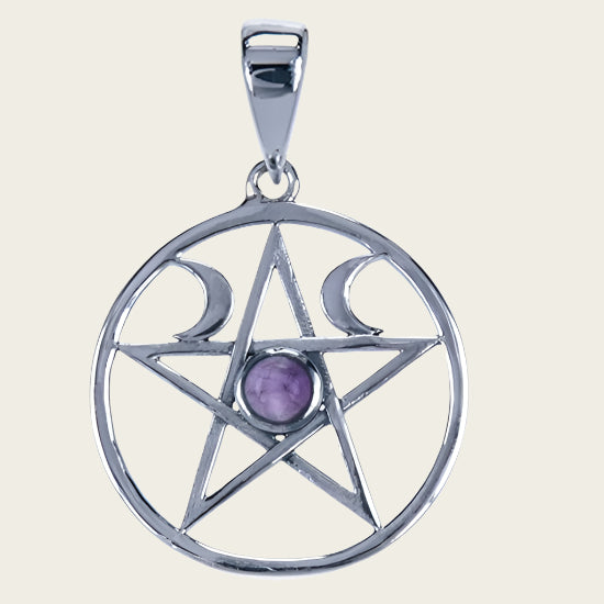 Silver Pentagram Moon Phase with Amethyst Necklace Pendant