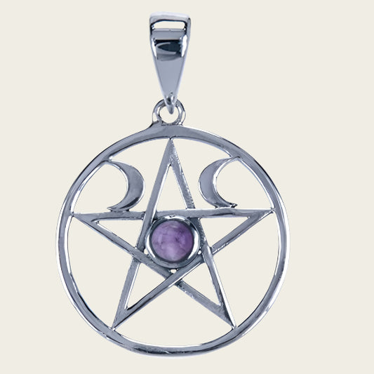 Zilveren Pentagram maanfase met amethyst ketting hanger