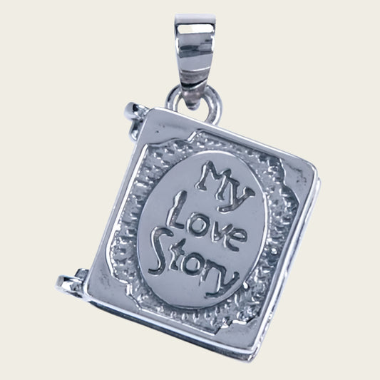 Zilveren Foto medaillon boek My love story 2 foto's ketting hanger"