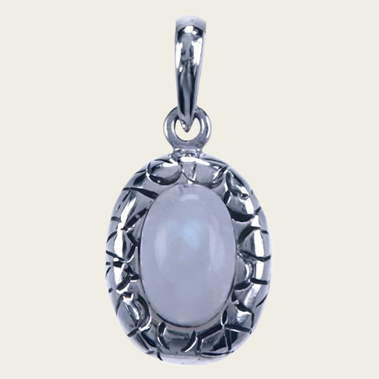 Zilveren Ovaal bewerkt met Maansteen edelsteen ketting hanger