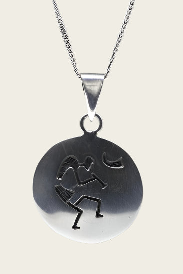 Zilveren Indiaan Kokopelli rond enkel 2 hopi style ketting hanger