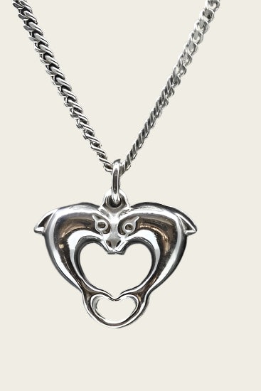 Silver Dolphin Couple in Heart Necklace Pendant