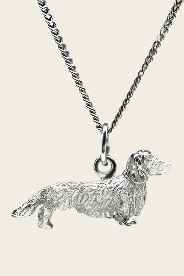 Zilveren Teckel langhaar ketting hanger - groot