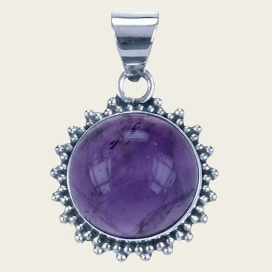 Zilveren Amethyst rond met kartelrand ketting hanger
