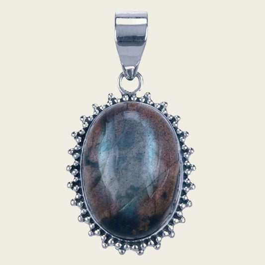 Zilveren Labradoriet ovaal met kartelrand ketting hanger