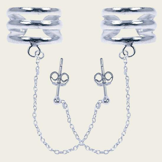 Zilveren 3 ringen met ketting Oorklem