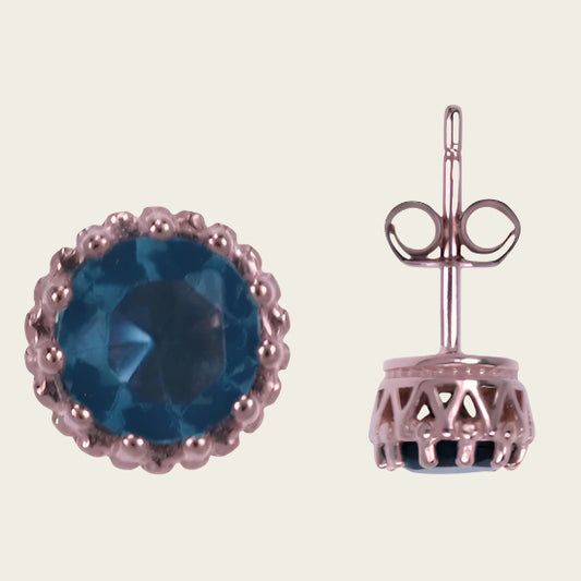 Silver Stud Earrings round blue - rose gold plated