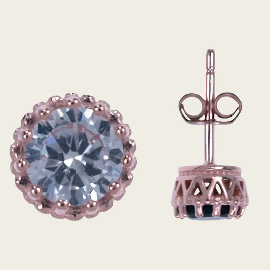 Silver Stud Earrings Round Crystal - Rose Gold Plated