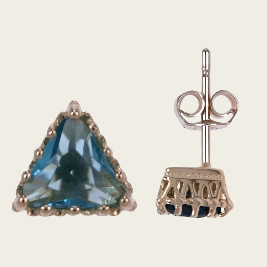 Silver Stud Earrings Triangle Blue - Gold Plated