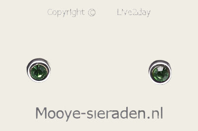 Silver Stud Earrings round with green cut stone