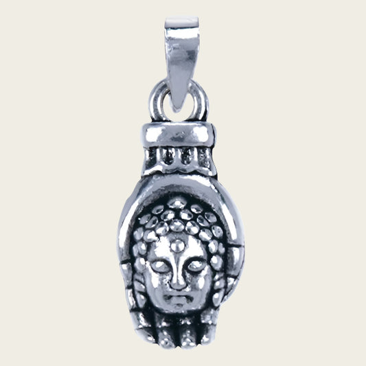 Zilveren Boeddha hoofd in hand ketting hanger