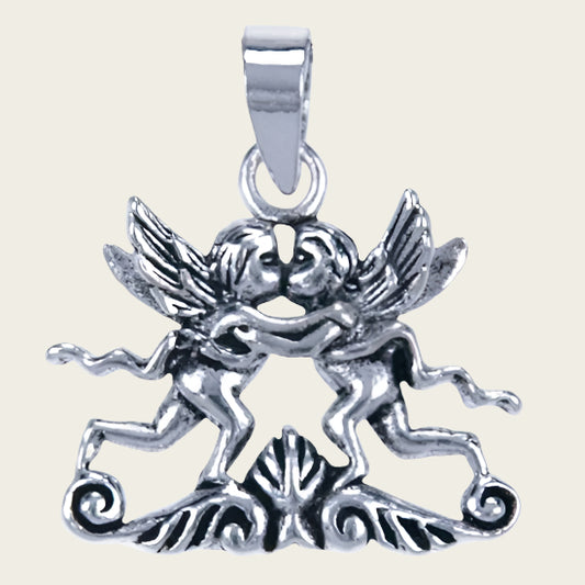 Zilveren Cupido's kussend ketting hanger