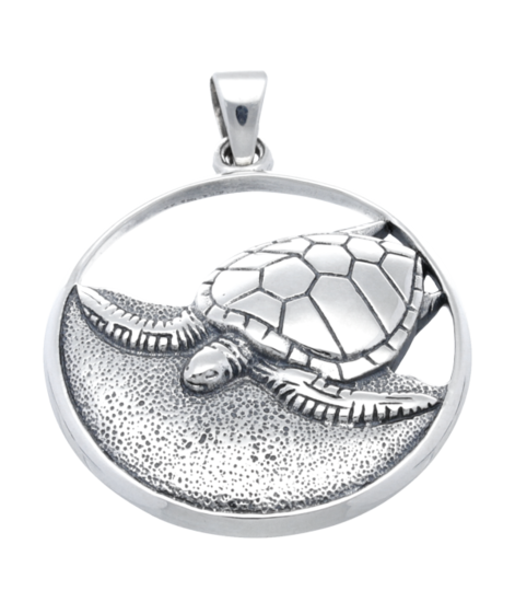 Silver Turtle on Beach Openwork Necklace Pendant