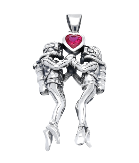 Silver Dive Buddy Pair with Red Heart Necklace Pendant