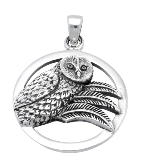 Silver Owl in ring necklace pendant