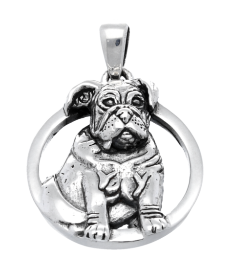 Silver Bulldog in Circle Necklace Pendant