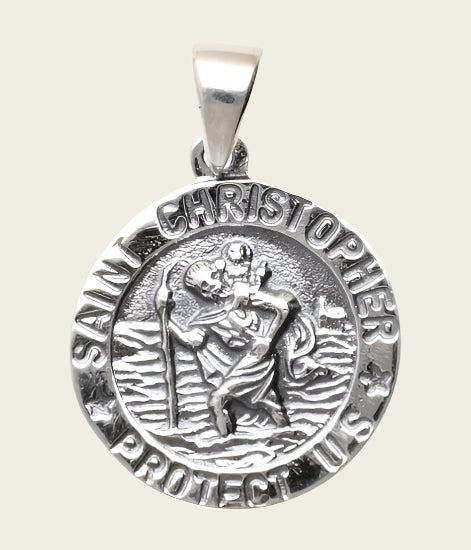 Silver Saint Christopher with text around necklace pendant