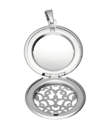 RVS Foto medaillon rond opengewerkt fantasie - 1 foto ketting hanger - edelstaal