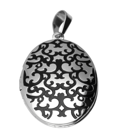 RVS Foto medaillon ovaal fantasie bewerkt - 2 foto's ketting hanger - edelstaal