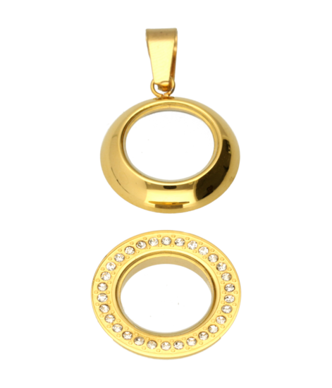 RVS gouden medaillon rond glad strass 22 mm. ketting hanger - edelstaal