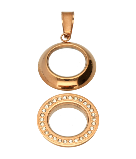 RVS rosé gouden medaillon rond glad strass 22 mm. ketting hanger - edelstaal