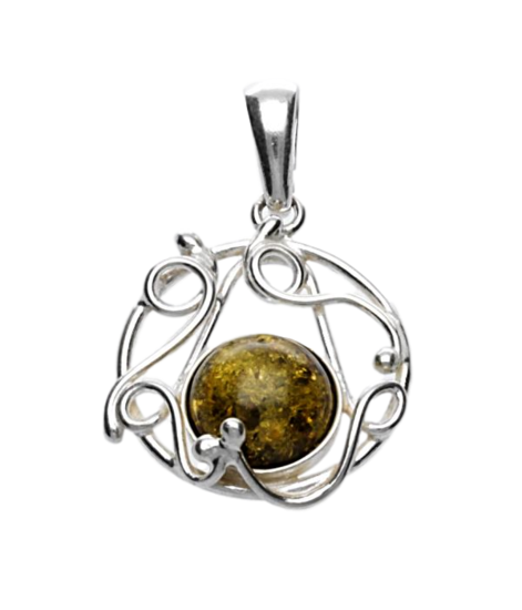 Silver Amber fantasy round green necklace pendant