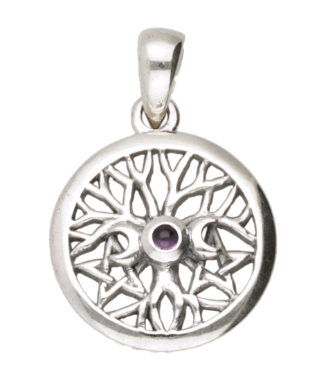 Zilveren Levensboom met 3 manen en amethyst kettinghanger