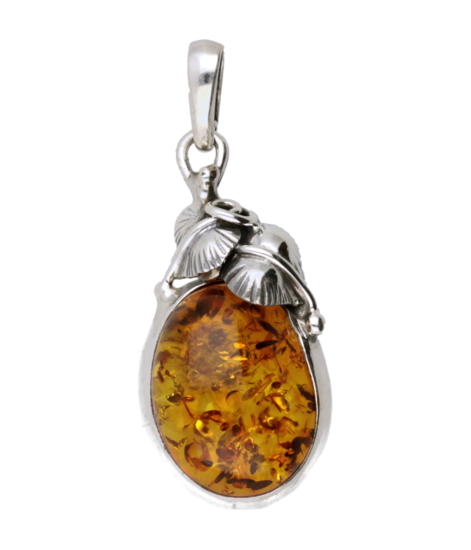 Silver Amber Oval with Leaf Necklace Pendant