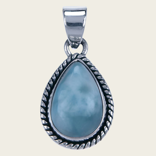 Zilveren Larimar edelsteen ovaal met parelrand kettinghanger